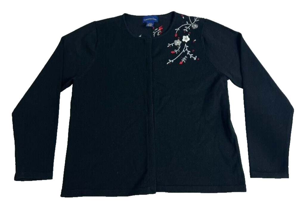 CHARTER CLUB Cardigan Sweater Womens Large Black Embroidered Flowers Button Up